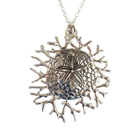 Sand Dollar Coral Jewelry Sea Life Earrings Necklace SET Silver Ocean Beach NEW - Picture 3 of 6